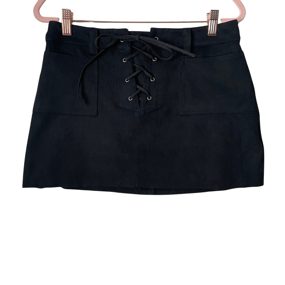 Dolls Kill Club Exx Skirt Medium Black Cowgirl Crusader Lace-Up Mini Faux Suede